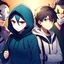 Placeholder: anime style, two girls, two boys, students, mask, hood, angry, high quality, detailed.