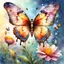 Placeholder: Digital watercolor illustration, beautiful colorful highly detailed butterfly, landing on a bloom of a beautiful dew filled flower, fantasyscape sunrise, by Waterhouse, Carne Griffiths, Minjae Lee, Os Gemeos, Stylized watercolor art, Intricate, Complex contrast, HDR, Sharp, soft Cinematic Volumetric lighting, deep vibrant lush luminous colors, perfect masterpiece