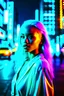 Placeholder: (analog photo) the cityscape in a soft neon glow in traffic stands a mixed race light skin mulatto female with very long platinum white hair stands in sleek and futuristic surroundings. Dressed in a blend of retro and modern fashion,