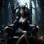 Placeholder: Morena Baccarin as a beautiful sexy dark elf queen seated elegantly on a throne in a mystical forest