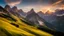 Placeholder: Sunset in the Dolomites, amazing detail, beautiful composition, award-winning photograph, astonishing realism, 28mm lens, adjust perspective