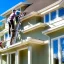 Placeholder: Two dudes standing on a ladder reaching up onto the edge of a house installing seamless gutters to the fascia