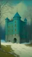 Placeholder: A greenish blue defensive chateau with shields painted by Birge Harrison
