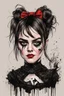 Placeholder: create a wild caricature of Maisie Williams as a savage, sullen, gothpunk vampire girl with highly detailed and refined facial features and hair, clothed in an ornate Gothic rags and fishnet stockings, in the caricature cartoon style of Gerald Scarfe and Ralph Steadman, precisely drawn, boldly inked, vividly colored, 4k