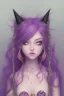 Placeholder: cute purple haired devil girl with bright green eyes and black horns on her head wearing a purple/pink dress