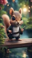 Placeholder: magazine cover with black border, adjust hue for evening, close up portrait of ninja squirrel by lake fishing from dark wooden bridge couple with weird cute huge eyes from a tree house in wonderful enchanted magical forest with amazing variety of plants and flowers,bokeh like f/0.8, tilt-shift lens 8k, high detail, smooth render, down-light, unreal engine, prize winning