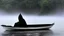 Placeholder: black robed monk in a small boat on quiet water in the mist