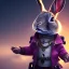 Placeholder: Rabbit toddler, smile, steampunk headphone, sunglass, gangsta neckless, full body, magenta puffer jacket, manila city background, dramatic lighting, hyper realistic, unreal engine 5, 16k