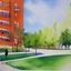 Placeholder: Image d'un campus, avec des bâtiments contemporains, de la végétation, journée ensoleillée, aquarelle