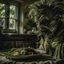 Placeholder: Strong texture, photorealism, Caravaggio, Arcimboldo. Intricate patterns, hypermaximalist. Photo made of inside house, an eerily mysterious, hidden and odd person is eating, a witchy house, sober style, pastel colors. Movie shot, spooky. Sinister scribbles, 33mm photography. Beasts