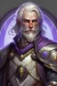 Placeholder: Please create an image for a 28-year old aasimar male with silver hair and a short, square beard and purple eyes. He is a cleric of Kord, whose symbol should be placed on the cleric's shield, if visible in the image. The cleric should be wearing either medium or heavy armor, and carrying a warhammer or a mace and a shield