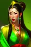 Placeholder: A beautiful soul-sucking and soul-absorbing Chinese Sorceress in low-cut green and yellow clothes with a ponytail and brown eyes and red lips and athleticism and a golden belt.