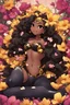 Placeholder: A sassy thick-lined comic book art cartoon black chibi girl lounging lazily on her side, surrounded by flower petals. She has a golden lion tail curling playfully behind her curvy body. Looking up coyly, she grins widely, showing sharp lion teeth. Her poofy hair forms a mane framing her confident, regal expression.