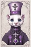 Placeholder: (anthropomorphic white ferret),dressed in ((cleric fantasy)) black and purple clothes with silver holy ornaments, realistic anatomy, holy symbols around, serious face, hold holy cross symbol, tired face, in the style of LOISH, look at the vivewer, blue eyes, cute face, 2d, ink lines, fantasy inspire, fantasy church on background with sunshine, gloomy atmosphere