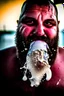 Placeholder: close up photography, dirty burly chubby Italian strong 48 years old homeless man, full of splashing milk in the face dripping on the beard, with dirty tank top, emotional eyes, manly chest, photo, Canon EOS, lens 35mm, natural lights, 8K, in the morning