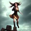 Placeholder: steampunk, female monk, jumping for joy, long hair, full-body