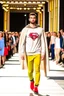 Placeholder: A guy on a fashion runway with Kryptonian Superman street wear Clothes in neutral colors