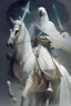 Placeholder: An Arab warrior holding two swords, sitting on horseback, wearing a white robe, strong, mysterious, frightening, fantasy, high quality