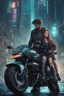 Placeholder: Science fiction, cyberpunk, city street, couple girl and guy, together, love at first sight, forbidden love, storm, lightning, motorcycle