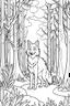 Placeholder: coloring page cute wolf in the forest, Very Simple, very Bold outlines, black and white, no shadows,