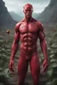 Placeholder: full body portrait, head to toe, imagine in a world made out of strawberries, a 4k UHD strawberry skinned, 1080p strawberry skinned man., at the edge of the Strawberry universe, three million years in the future, an extremely mutated and old Strawberry humanoid being, Volcanic Strawberry Super-man, with wirey, messy, spiked up, long leafy green strawberry hair, burned, scarred and ashy strawberry skin with a lost gaze, bound to the edge of time, wandering aimlessly and alone