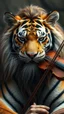 Placeholder: Tiger front view with human look face and long hair and beard playing the violin looks like an ancient Sumerian gods