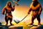 Placeholder: caveman holding a club, cave, cave bear, campfire, stone age, watercolor, masterpiece, mellow, dawn,