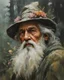 Placeholder: Masterpiece, highest quality, oil color painting, Jeremy Mann style, realistic Highly detailed portrait of a forest hermit, looking like an old wizard, wearing a wizards's hat, flowers in his hat, fantasy style, portrait, vibrant colors, wrinkled face, realistic shaded perfect face, symmetrical eyes, perfect eyes