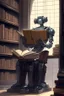 Placeholder: A huge library is serviced by computers, and there are many books on the shelves. The robot is sitting on a chair at the table and holding an antique book in his hands. Expression. High-quality drawing, 8K