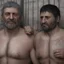 Placeholder: realistic, two italian prisoners 44 years old kissing in prison behind bars, dirty, ugly, bullneck, muscular chubby, in tank top, long hairs, manly chest, misery and poverty, emotive eyes, photo 50mm lens, side view, photorealistic, ultradetailed