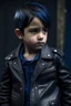 Placeholder: dark blue haired boy in a leather jacket