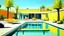 Placeholder: Painting of a mid-century modern house with a pool and desert landscaping, featuring a flat roof, large windows, and a light yellow exterior. The pool is in the foreground, with clear blue water reflecting the sky and the house. Four white lounge chairs with orange frames are arranged neatly beside the pool, each with a small orange pillow. The landscaping includes barrel cacti, agave plants, and other desert flora, set against a backdrop of tall palm trees and a clear blue sky. The painting sty