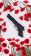 Placeholder: Two gold pistols and a red notebook on a white scarf. A bed of red poppies. Close-up from above.cinematic.dark mood