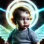 Placeholder: a happy human baby math genius called tobias leander with hair,halo, wings, drinking, sitting in chair, photo realistic spray painting, dark wood background