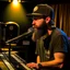 Placeholder: A short brown beard, DJ board,man with a baseball hat sing at microphone, on danchall , microphones,, laser lights, FRONT VIEW