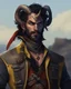 Placeholder: fantasy demon tiefling horned, small ram horns, rogue scoundrel happy go lucky, cheeky smirk, gunslinger pirate pistol, gray ashen skin, pirate gear, yellow shining cat eyes, black neck length hair, short black beard, yellow vest, leather ammo belt, big golden earring