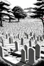 Placeholder: landscape, Japanese open air flat cemetery with thousand gravestones, high detail, manga style, grayscale