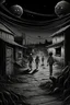 Placeholder: A otherworldly horror, stepping out of rift,small town setting, people running in fear, cinematic lighting, ray tracing,in the style of Junji Ito