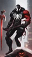 Placeholder: A close picture of Venom symbiote with kratos red tattoos and Clothes, holding blade of choice