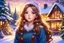 Placeholder: Beautiful Christmas anime girl with shiny light brown hair, lovely sparkling blue eyes, surrounded by Christmas trees and other festive decorations, cute cottages, twinkling lights, snow landscape, sunset light, digital painting, vivid colors