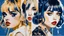 Placeholder: Poster in two gradually, a one side the Singer Danish MØ face and other side the Singer Melanie Martinez face, symmetry, painting by Yoji Shinkawa, darkblue and gold tones,