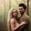 Placeholder: A photo realistic portrait of a stunning blonde girl and a handsome muscular dark haired man in a lovers embrace standing in a forrest