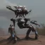 Placeholder: Mecha with metal spider legs his hands are machine guns. Driver is animal