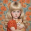 Placeholder: 1970s, blond Little girl in red, long hair parted in the middle, hugging an orange cat called Marlon, in the style of Margaret Keane, flowered wallpaper,