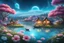 Placeholder: Fantasy cities with magical cabins in the background , sweet hills, frozen turquoise lake in the foreground, magical landscape, magical atmosphere, sweet hills in the background, a lot of details,a small boat on the lake, white and pink flowers over there, luminous blue sky with stars, an only small very bright flying saucer in the sky, a lot of sparks of light everywhere