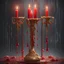 Placeholder: Red candles on a three-armed gold candlestick, dripping wax. Illustrative art, art interpretation, concept art, cgsociety contest winner, seasonal art, seasonal art HD, 4k, 8k, intricate, detailed, intricately detailed, luminous, translucent fantasy crystal, holographic data, soft body, shadow play, light, fog, atmospheric, cinematic, light film, hyper-detailed, hyper-realistic, masterpiece, atmospheric, high resolution, 8k, HDR, 500px, mysterious and artistic digital art, phototic, intricate, f