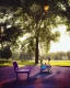 Placeholder: park mystical dream, park bench, man, woman, child, dog, pretty blue and purple trees, blue path, bird, jogger, sunshine, mystical, fantasy, romanticism, cinematic, cinematic lighting, award-winning, beautiful colors, daylight, daytime,