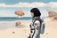 Placeholder: Photorealistic slim woman with black hair in a space suit, looking out over a sandy beach next to a sea, with flying mushrooms with octopus tentacles