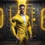 Placeholder: Hyper Realistic handsome muscular Electric-Superhero wearing fancy yellow tuxedo in a dark-rustic-circuit-room with electric-sparks & a massive circuit-board-wall