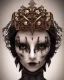 Placeholder: upper bust portrait, the queen of uncanny valley, large doll-like eyes, corset, intricate metal work crown, multiple sets of eyes on face, 8k resolution concept art, dynamic lighting, intricately detailed, hyperdetailed, beautiful, ethereal, golden hour, (extra eyes), gothic, creepy, unsettling, disfigured